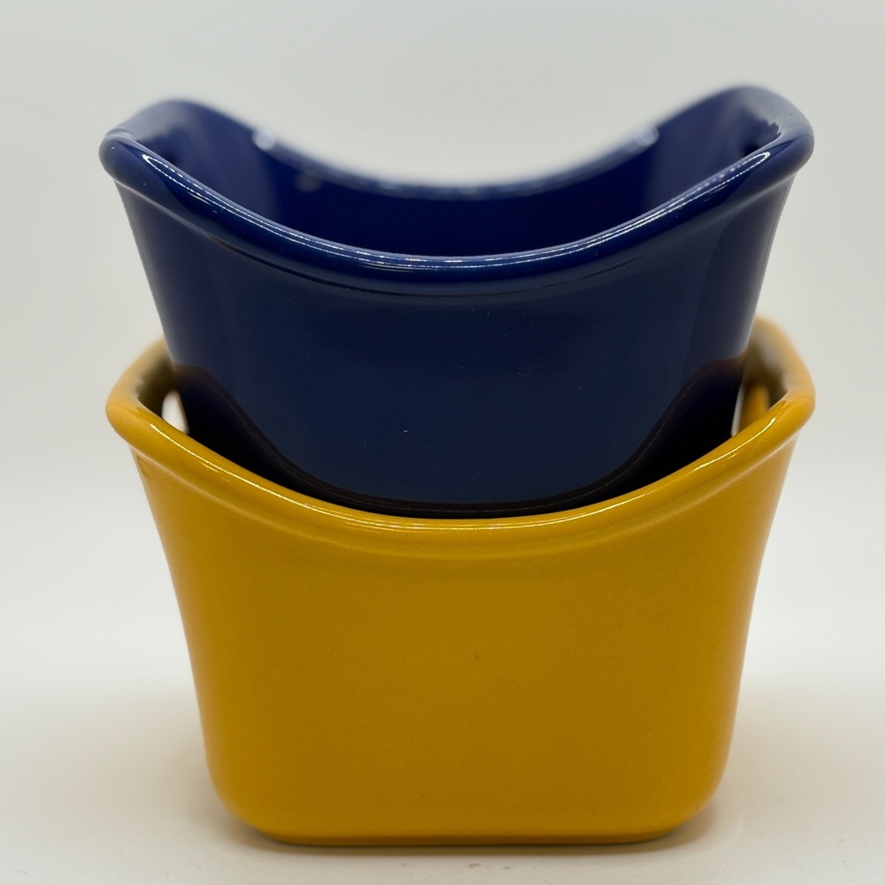 Rachael Ray Stoneware Ramekins Set of 2‎ Navy Blue Yellow 10 oz